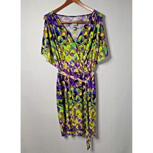 Maggy London Dress 14 Purple Green Geometric Faux Wrap Tie Belt Sexy Elegance